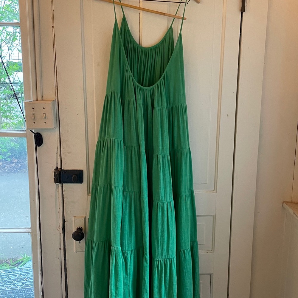 Kalita Tiered Cotton Handmade Green Maxi Dress with Spaghetti Straps + Low Back - Picture 2 of 10